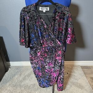 Vicky Tiel Velvet Floral Faux Wrap Dress